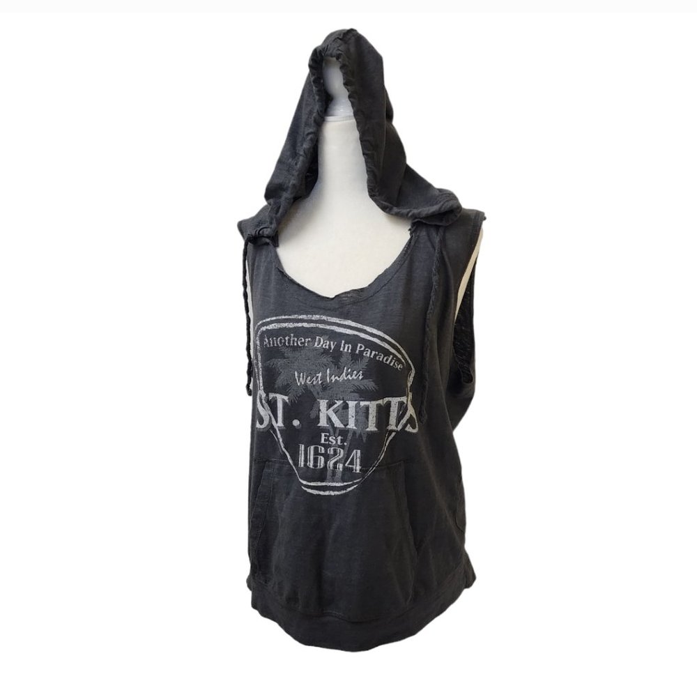 West Indies St Kitts Sleeveless Grey Hoodie Top No Size Tag Fits Like Large